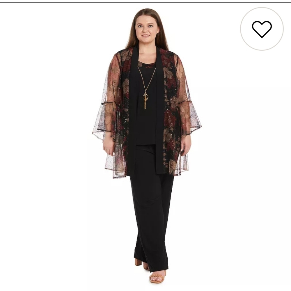 R&M Richards Women 3-pc Mesh Sequin Pant Set Sz 6 Bell Sleeves Necklace NWT